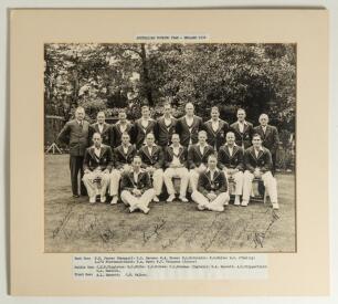 Australian tour of England 1938. Impressive official mono team photograph of the Australian touring party, seated and standing in rows, wearing cricket attire and wearing tour blazers. The photograph, by Sport & General, nicely signed in black ink by seve