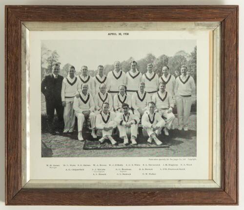 Australia tour to England 1938. Mono printed photograph &lsquo;taken specially for The Jaeger Co., Ltd&rsquo; of the Australian touring party at Worcester for the opening match of the 1938 tour. The players depicted seated and standing in rows wearing cricket attire.