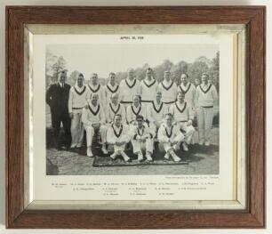 Australia tour to England 1938. Mono printed photograph &lsquo;taken specially for The Jaeger Co., Ltd&rsquo; of the Australian touring party at Worcester for the opening match of the 1938 tour. The players depicted seated and standing in rows wearing cricket attire.