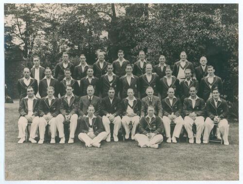 England v Australia 1938. Original sepia press photograph of the two teams seated and standing in rows wearing cricket attire and blazers. The photograph taken at Lord&rsquo;s for the 2nd Test, 24th- 28th June 1938. Players include the captains, Hammond and Bra