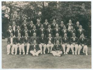 England v Australia 1938. Original sepia press photograph of the two teams seated and standing in rows wearing cricket attire and blazers. The photograph taken at Lord&rsquo;s for the 2nd Test, 24th- 28th June 1938. Players include the captains, Hammond and Bra
