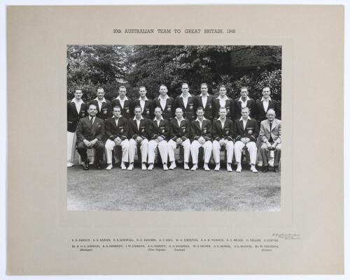 &lsquo;20th Australian Team to Great Britain 1948&rsquo;. Original official mono photograph of the Australian touring party, standing and seated in rows, wearing tour blazers. The photograph laid down to official photographer&rsquo;s mount. Printed title to top border and 
