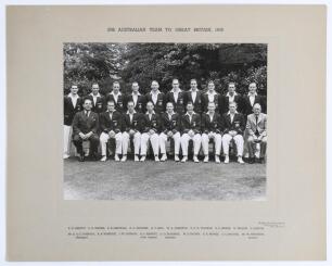 &lsquo;20th Australian Team to Great Britain 1948&rsquo;. Original official mono photograph of the Australian touring party, standing and seated in rows, wearing tour blazers. The photograph laid down to official photographer&rsquo;s mount. Printed title to top border and 