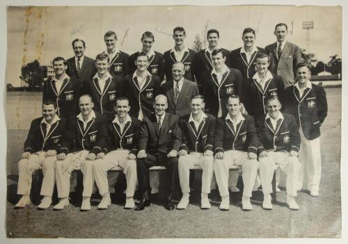 Australian tour of England 1964. Very large mono photograph of the twenty one members of the full Australian touring party, standing and seated in rows, the players wearing tour blazers and cricket attire. Signed to the photograph by the majority of the p