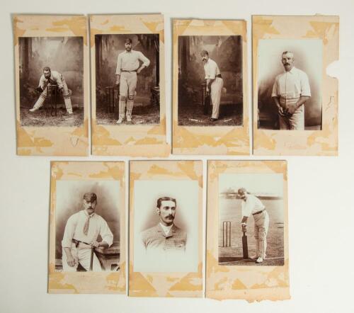 Australian tour to England 1882. Seven excellent early original sepia photographs of individual members of the Australian touring party. Three depict players wearing cricket attire in a studio setting, each by E. Hawkins & Co. of Brighton. Players are J.M
