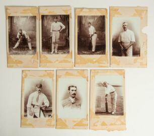 Australian tour to England 1882. Seven excellent early original sepia photographs of individual members of the Australian touring party. Three depict players wearing cricket attire in a studio setting, each by E. Hawkins & Co. of Brighton. Players are J.M