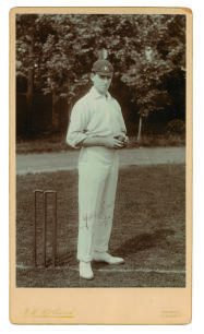 William James Whitty. New South Wales, South Australia & Australia, 1907-1926. Excellent extra large mono &lsquo;Imperial&rsquo; cabinet card of Whitty, full length in bowling pose holding the ball and wearing Australian cap. Very nicely signed in black ink to the ph