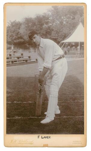 Frank Laver. Victoria & Australia 1891-1912. Excellent extra large mono &lsquo;Imperial&rsquo; cabinet card of Laver, full length in batting pose and wearing Australian cap. The photograph by T.W. Bolland of London, with photographer&rsquo;s blind stamp embossed to lower b