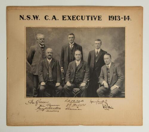 &lsquo;N.S.W.C.A. [New South Wales Cricket Association] Executive 1913-14&rsquo;. Original early mono photograph of the six members of the committee, nicely signed to the upper and lower mount border by all six officers. Signatures are W.P. McElhone (Chairman), Percy