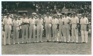 Australia v England. 2nd Test, &lsquo;Bodyline&rsquo; Melbourne Cricket Ground December 1932. Excellent original press photograph of the Australian team who played England in the second Test at Melbourne. The players are pictured on the field just prior to them field