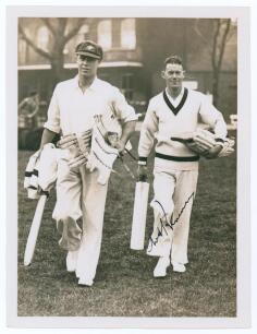 Australia tour to England 1934. Original sepia press photograph of Australian batsmen Ernest Bromley and Bill Brown walking out for net practice at Lord&rsquo;s on the 1934 tour. Very nicely signed in ink to the photograph by Brown. 6&rdquo;x8&rdquo;. Sport & General, Lond