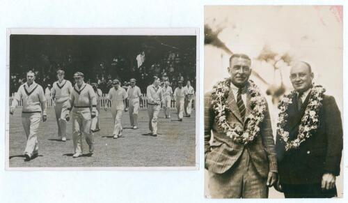 Australia tour to South Africa 1935/36. Two original mono press photographs from the tour. One depicts the Australian captain, Vic Richardson, leading the team on to the field for the Durban Test match. The other features Richardson and Stan McCabe wearin