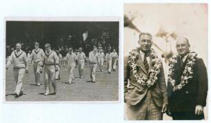 Australia tour to South Africa 1935/36. Two original mono press photographs from the tour. One depicts the Australian captain, Vic Richardson, leading the team on to the field for the Durban Test match. The other features Richardson and Stan McCabe wearin