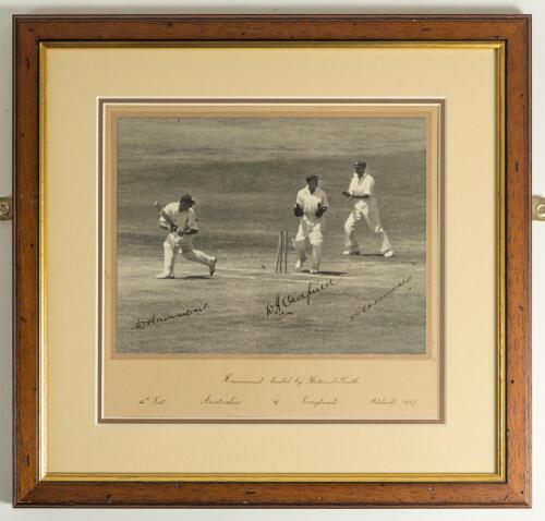 &lsquo;Hammond bowled by Fleetwood-Smith. 4th Test. Australia v England. Adelaide 1937&rsquo;. Excellent photograph of Hammond being bowled with keeper Oldfield and Chipperfield at slip in close attendance. Beautifully signed in black ink by all three players to the 