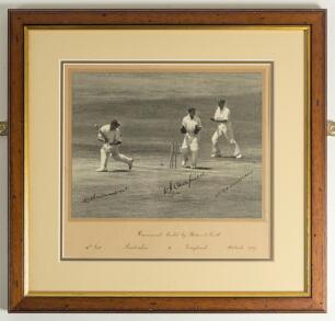 &lsquo;Hammond bowled by Fleetwood-Smith. 4th Test. Australia v England. Adelaide 1937&rsquo;. Excellent photograph of Hammond being bowled with keeper Oldfield and Chipperfield at slip in close attendance. Beautifully signed in black ink by all three players to the 