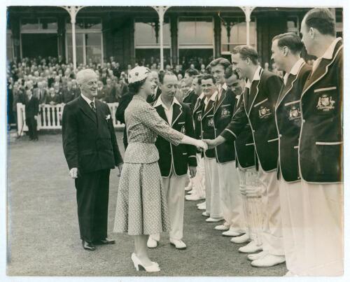 England v Australia 1953 &lsquo;Coronation Tour&rsquo;. Original mono press photograph of the Australian team, wearing tour blazers, being presented to HM The Queen at Lord&rsquo;s for the tour match v Middlesex 18th- 21st July 1953. Players include Hassett (Captain), Hole