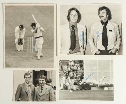 Australian test cricketers 1970s. Four original mono press photographs, each signed by the featured player(s). Includes one of Ian and Greg Chappell standing together wearing suits, signed by both brothers. 6.5&rdquo;x3.75&rdquo;. Rod Marsh taking a spectacular divin