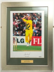 Shane Warne. Australia. Large framed limited edition photographic image of Warne in one day attire bowling in the 1999 World Cup by &lsquo;Artsportique&rsquo;. Un-numbered limited edition of 250. Mounted, framed and acrylic glazed. Overall 23.75&rdquo;x31.5&rdquo;. Some scratchi