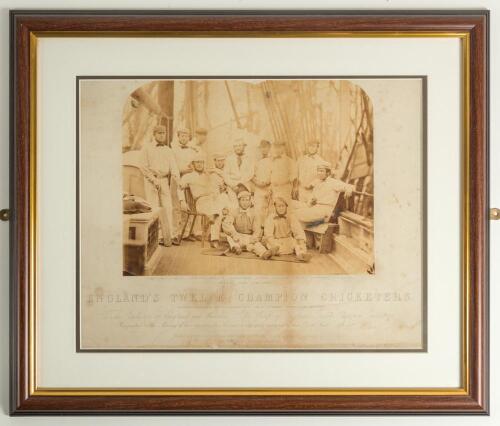 &lsquo;England&rsquo;s Twelve Champion Cricketers Photographed on board ship at Liverpool Sept. 7th 1859&rsquo;. Reproduction from the original sepia photograph of George Parr&rsquo;s team for the first England overseas cricket tour. The photograph features the players in cricke