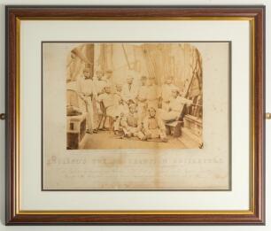 &lsquo;England&rsquo;s Twelve Champion Cricketers Photographed on board ship at Liverpool Sept. 7th 1859&rsquo;. Reproduction from the original sepia photograph of George Parr&rsquo;s team for the first England overseas cricket tour. The photograph features the players in cricke