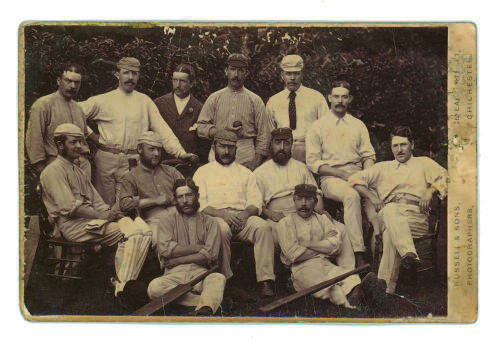 &lsquo;Lillywhite&rsquo;s Team to Australia 1876/77&rsquo;. &lsquo;The First Test Match&rsquo;. Very early sepia cabinet card photograph of Lillywhite&rsquo;s touring party to Australia, standing and sitting in three rows, wearing a variety of blazers and caps. The players are Harry Jupp, T
