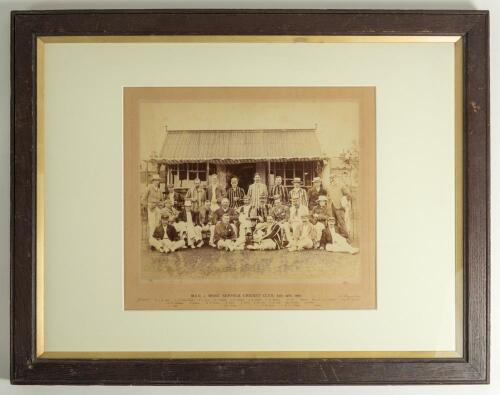 M.C.C. v West Suffolk Cricket Club 1902. Official photograph of the two teams and umpires sitting and standing in rows in front of the pavilion at Bury St Edmunds, Suffolk. Players include Campbell Hulton, James Gilman, William Coleman, William East, Regi