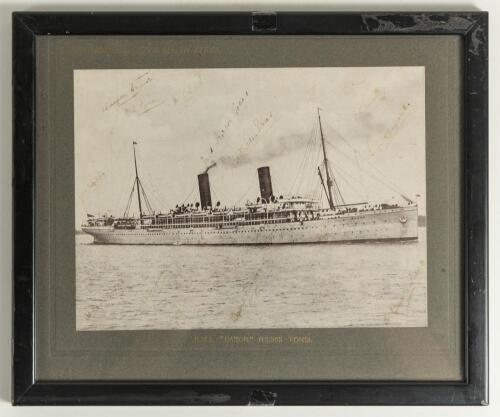 M.C.C. tour of 1909/10. Official photograph of the &lsquo;Union Castle Line to South Africa&rsquo; R.M.S. Saxon (12,385 tons) which took the M.C.C. team from Southampton Docks on the 6th November 1909 to Cape Town arriving on the 23rd November. The image is signed in