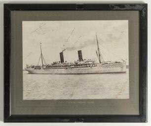 M.C.C. tour of 1909/10. Official photograph of the &lsquo;Union Castle Line to South Africa&rsquo; R.M.S. Saxon (12,385 tons) which took the M.C.C. team from Southampton Docks on the 6th November 1909 to Cape Town arriving on the 23rd November. The image is signed in