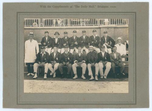 M.C.C. tour to Australia 1920/21. Official sepia photograph of the M.C.C. touring party seated and standing in rows wearing cricket attire and blazers. Laid down to photographer&rsquo;s mount with printed title to upper border, &lsquo;With the compliments of &ldquo;The Dai
