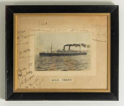 M.C.C. tour of Australia 1924/25. Original mono photograph of the S.S. Ormonde, the ship which took the M.C.C. team to Australia in 1924. The photograph, laid down to photographers mount, has printed title on strip &lsquo;M.C.C. 1924-5&rsquo; to lower border. Signed 