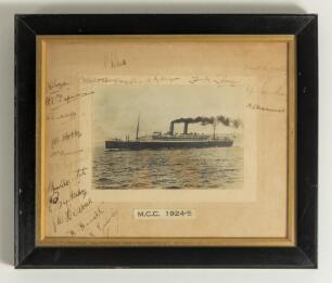 M.C.C. tour of Australia 1924/25. Original mono photograph of the S.S. Ormonde, the ship which took the M.C.C. team to Australia in 1924. The photograph, laid down to photographers mount, has printed title on strip &lsquo;M.C.C. 1924-5&rsquo; to lower border. Signed 