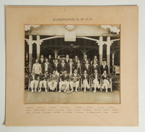 M.C.C. tour of India & Ceylon 1926/27. Madras Europeans v M.C.C., Madras Cricket Club Ground, Chepauk, Madras on 21st January 1927. This was a one day single innings game. Original mono joint team photograph of the two teams in front of the pavilion, the 