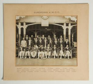 M.C.C. tour of India & Ceylon 1926/27. Madras Europeans v M.C.C., Madras Cricket Club Ground, Chepauk, Madras on 21st January 1927. This was a one day single innings game. Original mono joint team photograph of the two teams in front of the pavilion, the 