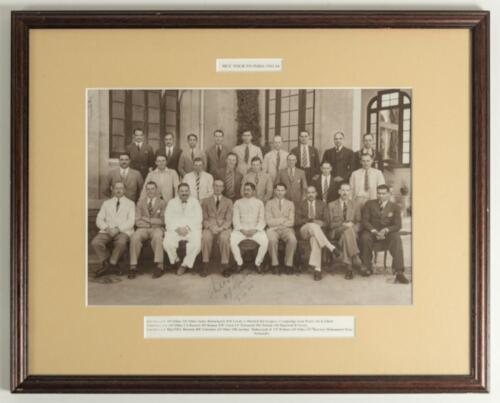 M.C.C. tour of India & Ceylon 1933/34. Large official photograph of the M.C.C. team with Indian cricketers/guests including the Mahrajah of Porbander, standing and seated in rows possibly at a function held for the touring team. Players include Jardine, P