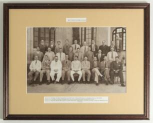 M.C.C. tour of India & Ceylon 1933/34. Large official photograph of the M.C.C. team with Indian cricketers/guests including the Mahrajah of Porbander, standing and seated in rows possibly at a function held for the touring team. Players include Jardine, P