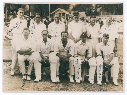 &lsquo;Lord Tennyson&rsquo;s tour to Jamaica 1932&rsquo;. Original mono photograph of the team which played Cornwall County on the 5th and 6th March 1932 at Jarrett Park, Montego Bay. The photograph signed by all eleven players featured, Tennyson (Cpt), Valentine, Dacre, A