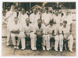 &lsquo;Lord Tennyson&rsquo;s tour to Jamaica 1932&rsquo;. Original mono photograph of the team which played Cornwall County on the 5th and 6th March 1932 at Jarrett Park, Montego Bay. The photograph signed by all eleven players featured, Tennyson (Cpt), Valentine, Dacre, A