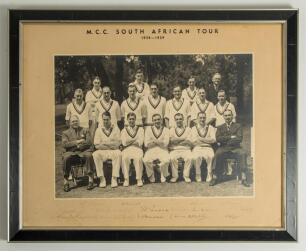 M.C.C. South African Tour 1938-1939&rsquo;. Official black and white photograph of the M.C.C. team who toured South Africa in 1938/39, seated and standing in rows and wearing M.C.C. sweaters. The photograph is laid down to official photographers mount. Nicely a