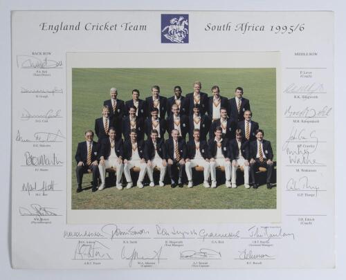 &lsquo;England Cricket Team. South Africa 1995/96&rsquo;. Official colour photograph of the England touring party seated and standing in rows wearing tour blazers. The photograph laid to official mount with printed title and players&rsquo; names. Signed to the mount in pen