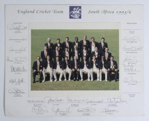 &lsquo;England Cricket Team. South Africa 1995/96&rsquo;. Official colour photograph of the England touring party seated and standing in rows wearing tour blazers. The photograph laid to official mount with printed title and players&rsquo; names. Signed to the mount in pen