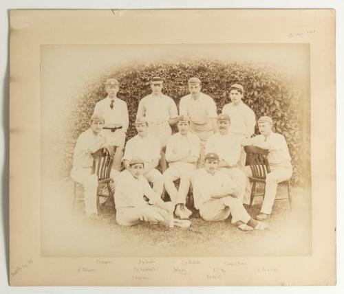 Oxford University 1887. Original sepia photograph of the Oxford University team, seated and standing in rows wearing cricket attire. Photograph laid down to official photographers mount with players&rsquo; names handwritten in pencil to lower border. Players i