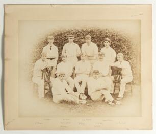 Oxford University 1887. Original sepia photograph of the Oxford University team, seated and standing in rows wearing cricket attire. Photograph laid down to official photographers mount with players&rsquo; names handwritten in pencil to lower border. Players i