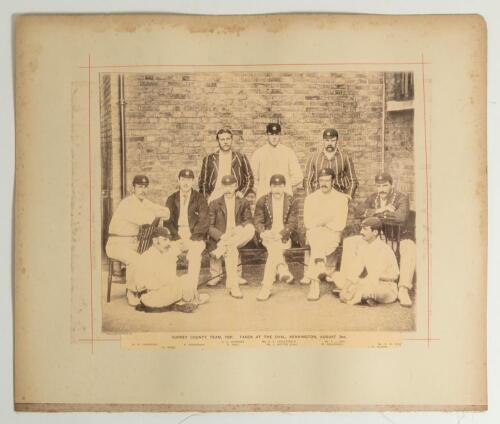&lsquo;Surrey County Team, 1891. Taken at The Oval, Kennington, August 3rd&rsquo;. Large original sepia photograph of the Surrey team seated and standing in rows wearing cricket attire, Surrey caps and assorted blazers. Printed title and players&rsquo; names to lower borde