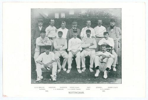 Nottinghamshire circa 1890&rsquo;s. Photographic full page bookplate of the Nottinghamshire team taken from the book &lsquo;Famous Cricketers & Cricket Grounds&rsquo;. C.W. Alcock. London 1895. Signed in pencil to image by J.A. Dixon, W. Flowers, J. Hardstaff, R. Daft, W. 