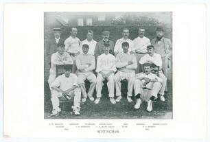 Nottinghamshire circa 1890&rsquo;s. Photographic full page bookplate of the Nottinghamshire team taken from the book &lsquo;Famous Cricketers & Cricket Grounds&rsquo;. C.W. Alcock. London 1895. Signed in pencil to image by J.A. Dixon, W. Flowers, J. Hardstaff, R. Daft, W. 