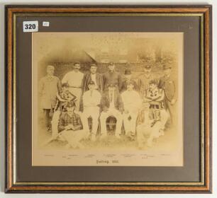 Surrey C.C.C. 1892. Rare and impressive official sepia photograph of the Surrey team, two umpires and scorer, seated and standing in rows wearing caps and blazers. The photograph is laid down to official photographers mount with title &lsquo;Surrey, 1892&rsquo; and p