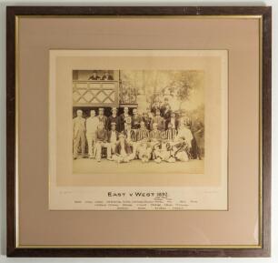 &lsquo;East v West 1892&rsquo;. Attractive original joint team photograph of the two teams who played the match on the 5th-7th September 1892 at Portsmouth. Players include Palairet, Fird, Croome, Needham, Woods, Brann, Vernon, The photograph by George Glanville of T