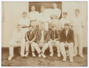 Nottinghamshire C.C.C. 1903. Nice early original sepia photograph of the Nottinghamshire team seated and standing in rows in front of a pavilion, wearing cricket attire, some in caps and blazers. Players include J.A. Dixon, Gunn, Jones, Shrewsbury, Iremon