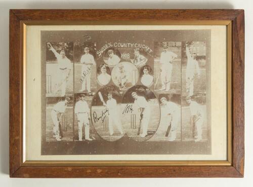 &lsquo;Sussex County Cricket 1908&rsquo;. Mono photographic print of fifteen members of the 1908 Sussex team, signed in black ink by twelve of the featured players. Signatures are K.S. Ranjitsinhji, C.B. Fry, H. Killick, G. Cox, C.L.A. Smith, R.R. Relf, E.B. Dwyer, A