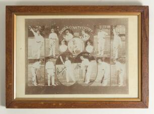 &lsquo;Sussex County Cricket 1908&rsquo;. Mono photographic print of fifteen members of the 1908 Sussex team, signed in black ink by twelve of the featured players. Signatures are K.S. Ranjitsinhji, C.B. Fry, H. Killick, G. Cox, C.L.A. Smith, R.R. Relf, E.B. Dwyer, A